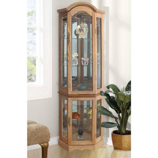 JENLEA Inc Floor Standing Oak 5-Sided Lighted Curio Cabinet, Brown