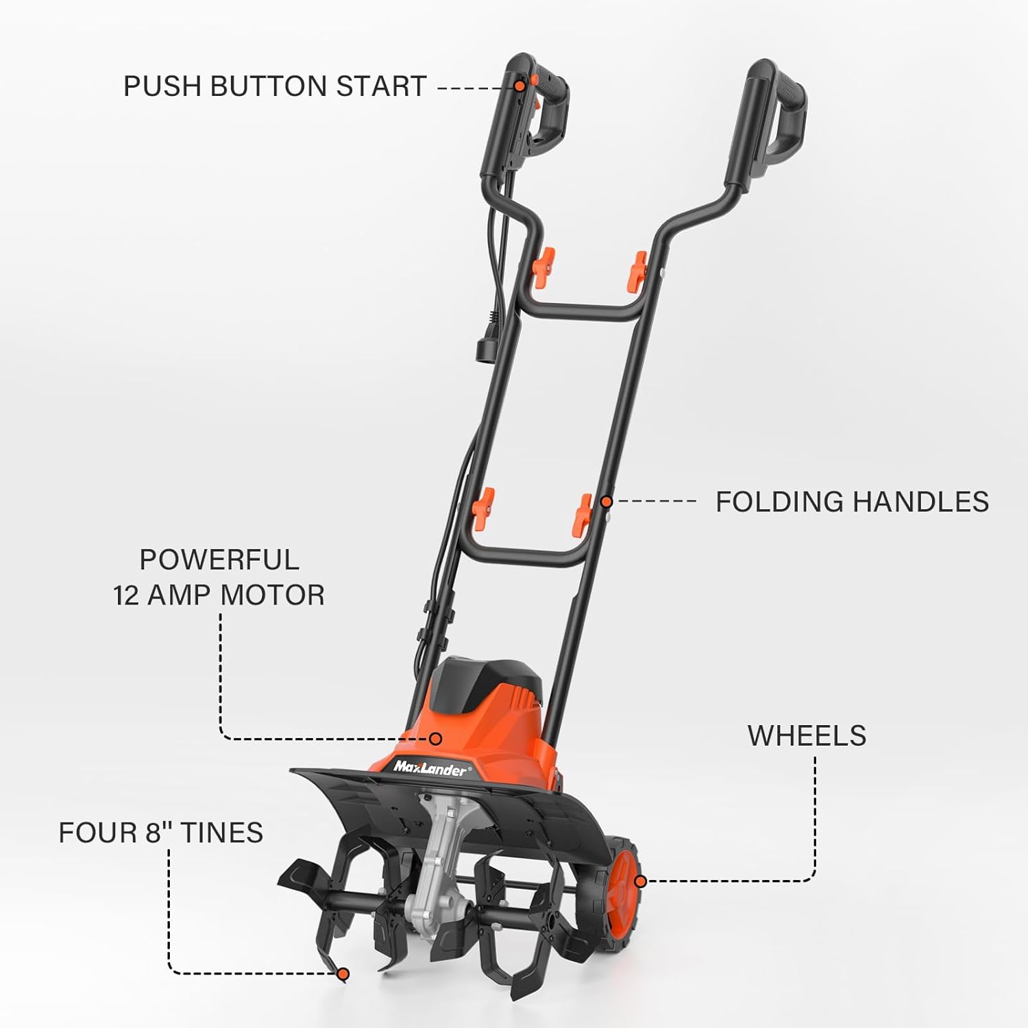 MAXLANDER Electric Tiller Cultivator,14 Inch 12 Amp Corded Tiller for Gardening with Foldable Handle,4 Steel Tines