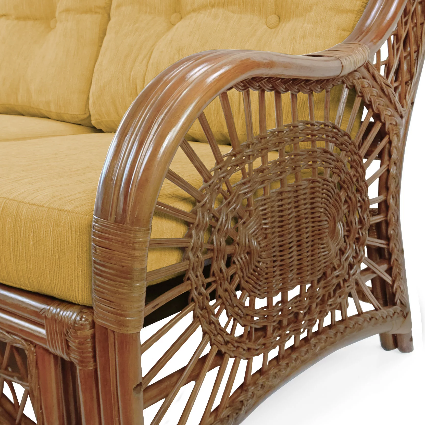 Malibu Lounge Three-Seater Sofa Natural Rattan Wicker Handmade Design with Light Brown Cushions, Colonial