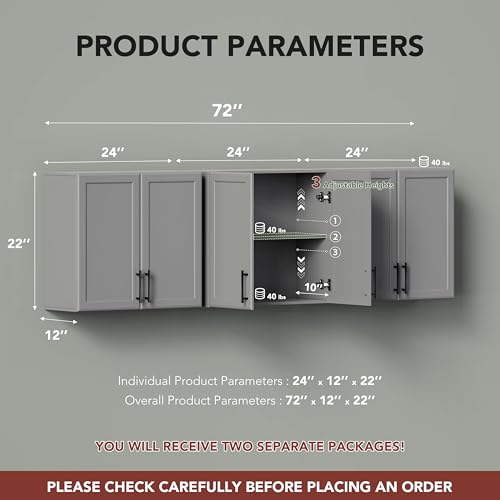 Wall Storage Cabinet - Kitchen Laundry Wall Amount Cabinet with Two Shaker Doors and Shelf, in Grey, 24'Wx2 Pcs