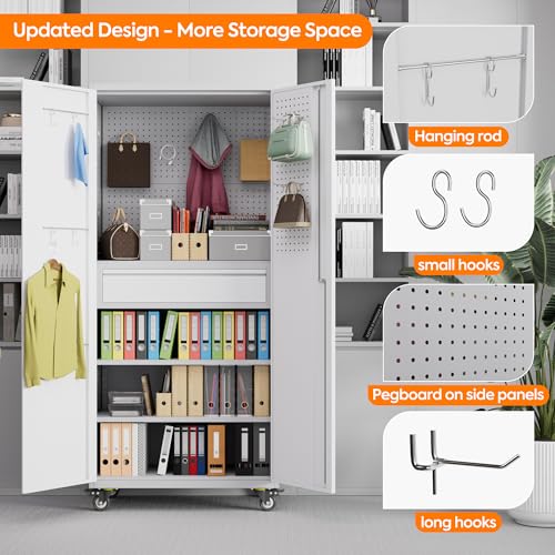 Metal Storage Cabinet with Wheels, 73" H Rolling Garage Cabinets with Locking Doors and Adjustable Shelves for Home Office, Basement, Pantry, Workshop