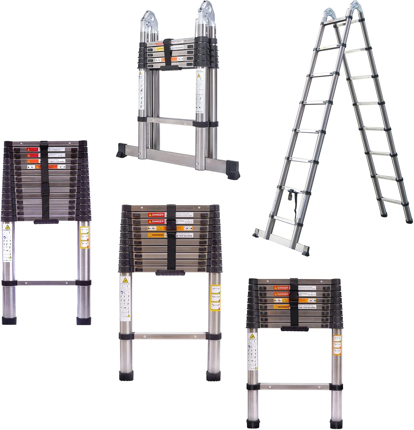 16.5FT Aluminum Telescoping Extension Ladder 330lbs Max Capacity A-Frame Lightweight Portable Multi-Purpose Folding with Support Bar Anti-Slip EN131