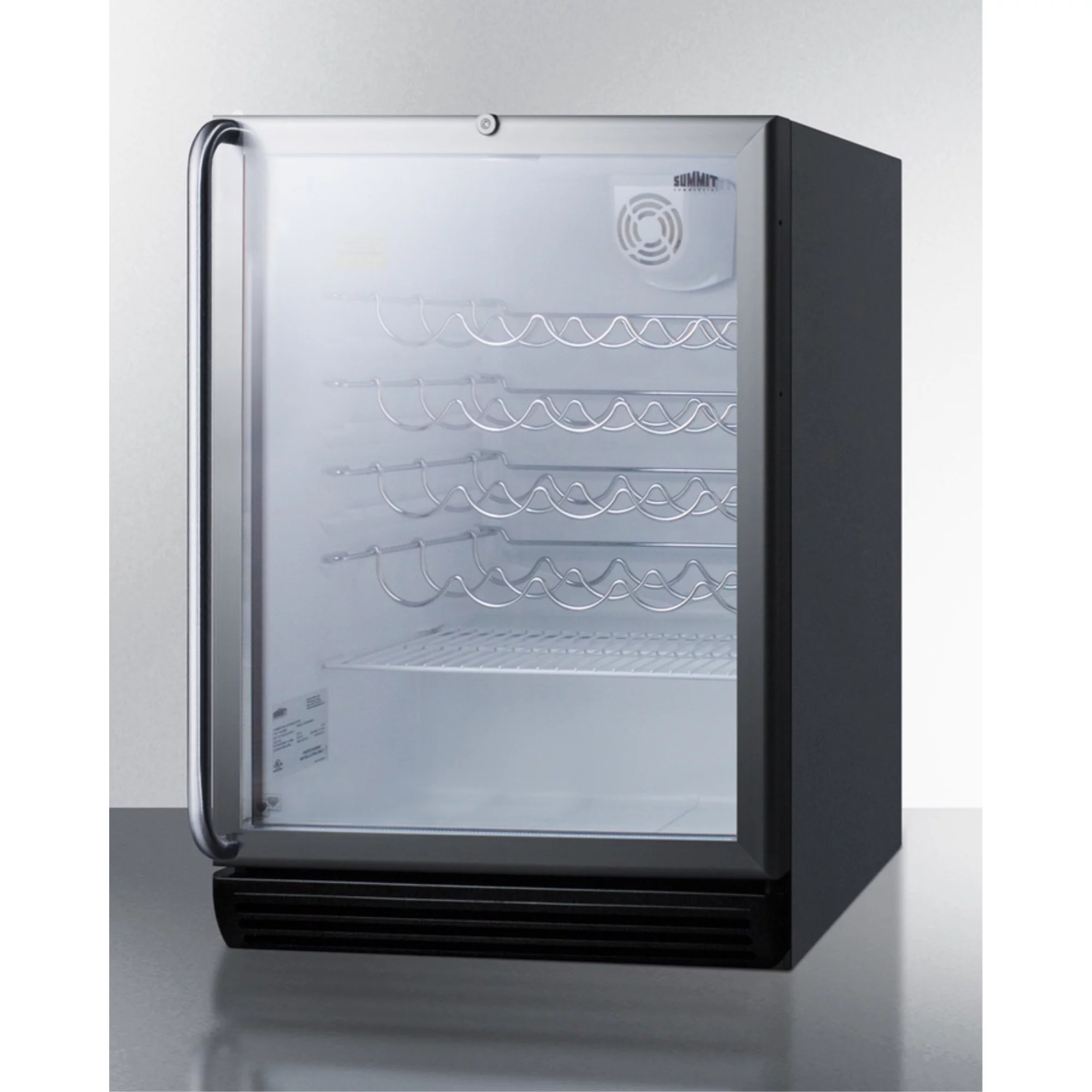 ADA compliant, commercially approved wine cellar for freestanding use with glass door, black cabinet, and full length handle
