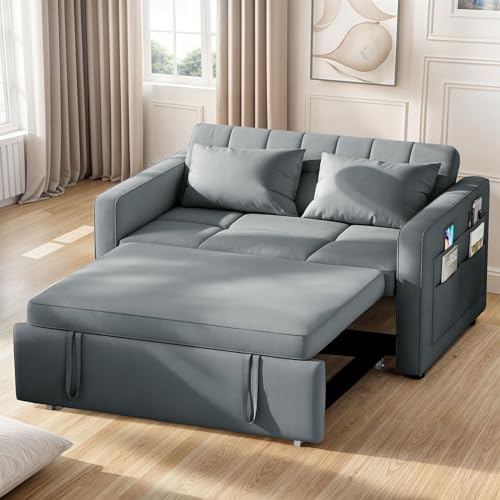 YITAHOME 55" Convertible Sofa Bed, 3-in-1 Sleeper Sofa with Pull-Out Bed, Velvet Futon Couch with Reclining Backrest and Side Pocket