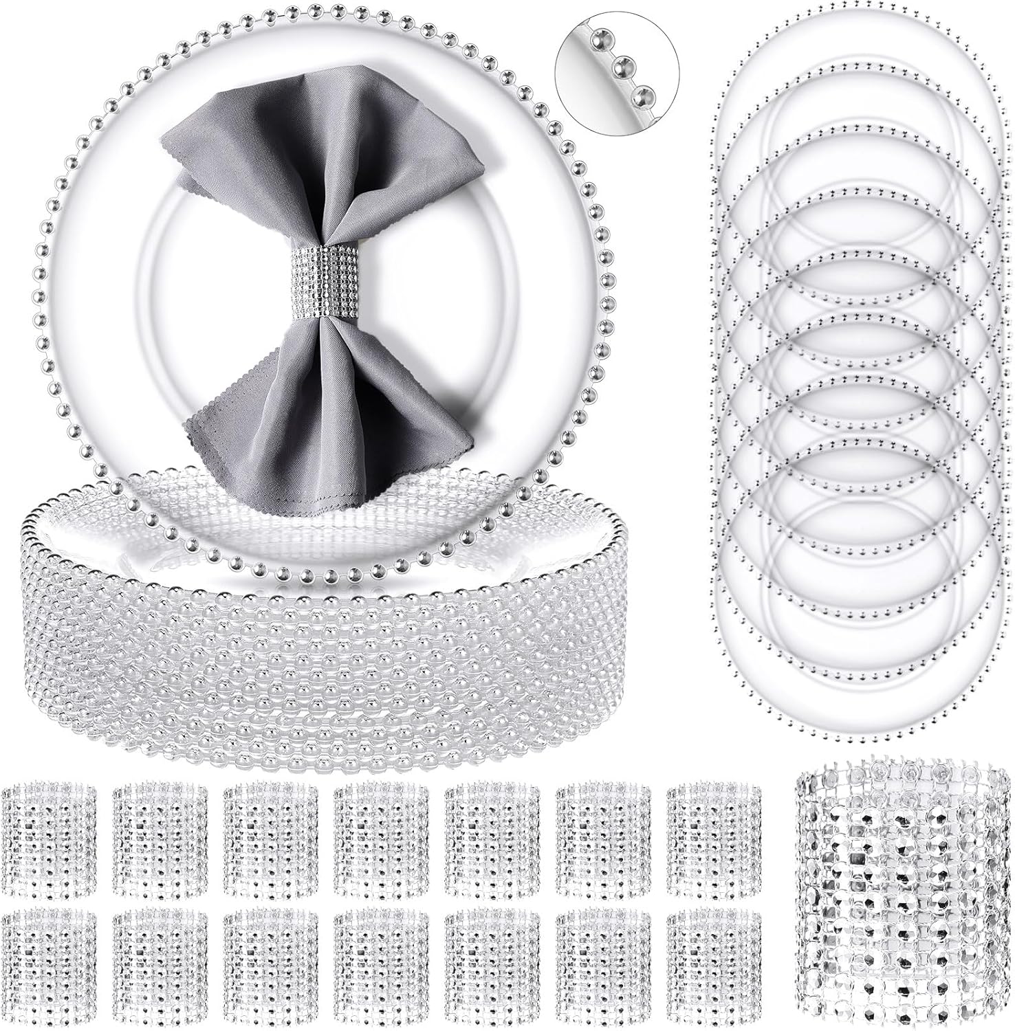 Dandat 50 Pack Clear Charger Plates Set 13 Inch Plastic Round Plates Bulk Silver Beaded Rim Dinner Plates with Napkin Rings