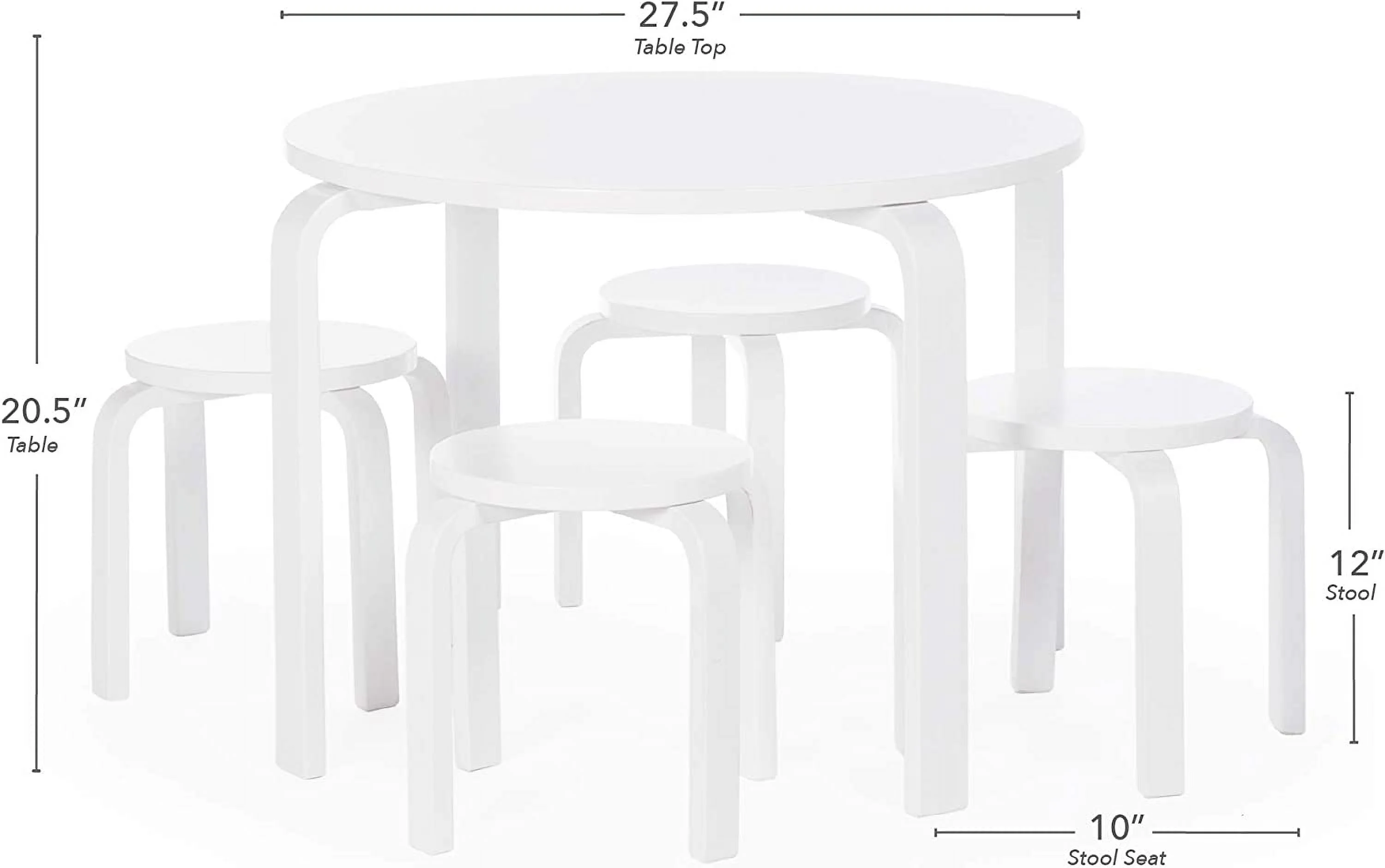 Nordic Table and Chairs Set for Kids: White - Stacking Bentwood Stools with Curved Wood Toddler Activity Table - Children's Modern Bedroom, Playroom