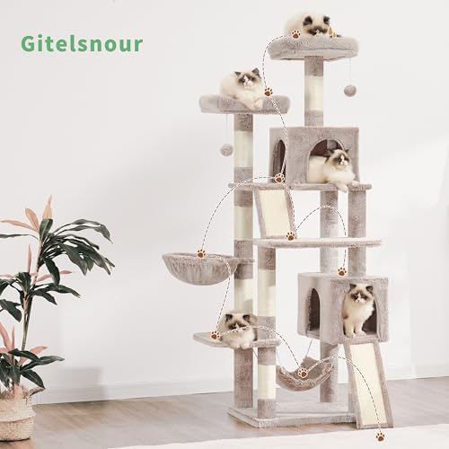Cat Tree for Indoor Cats, 71'' (180cm) Multi-Level Cat Tower for Large Adult, Sturdy Cat Tree House with 2 Scratching Boards 7 Posts