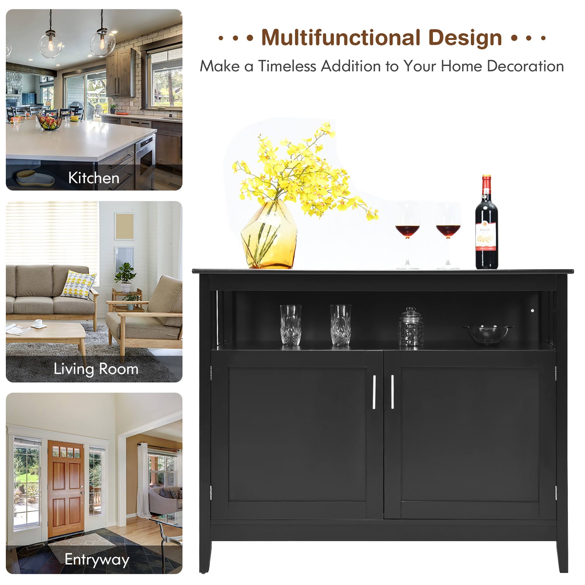 Costway Kitchen Sideboard Buffet Server Cupboard Storage Cabinet w/2 Doors Black