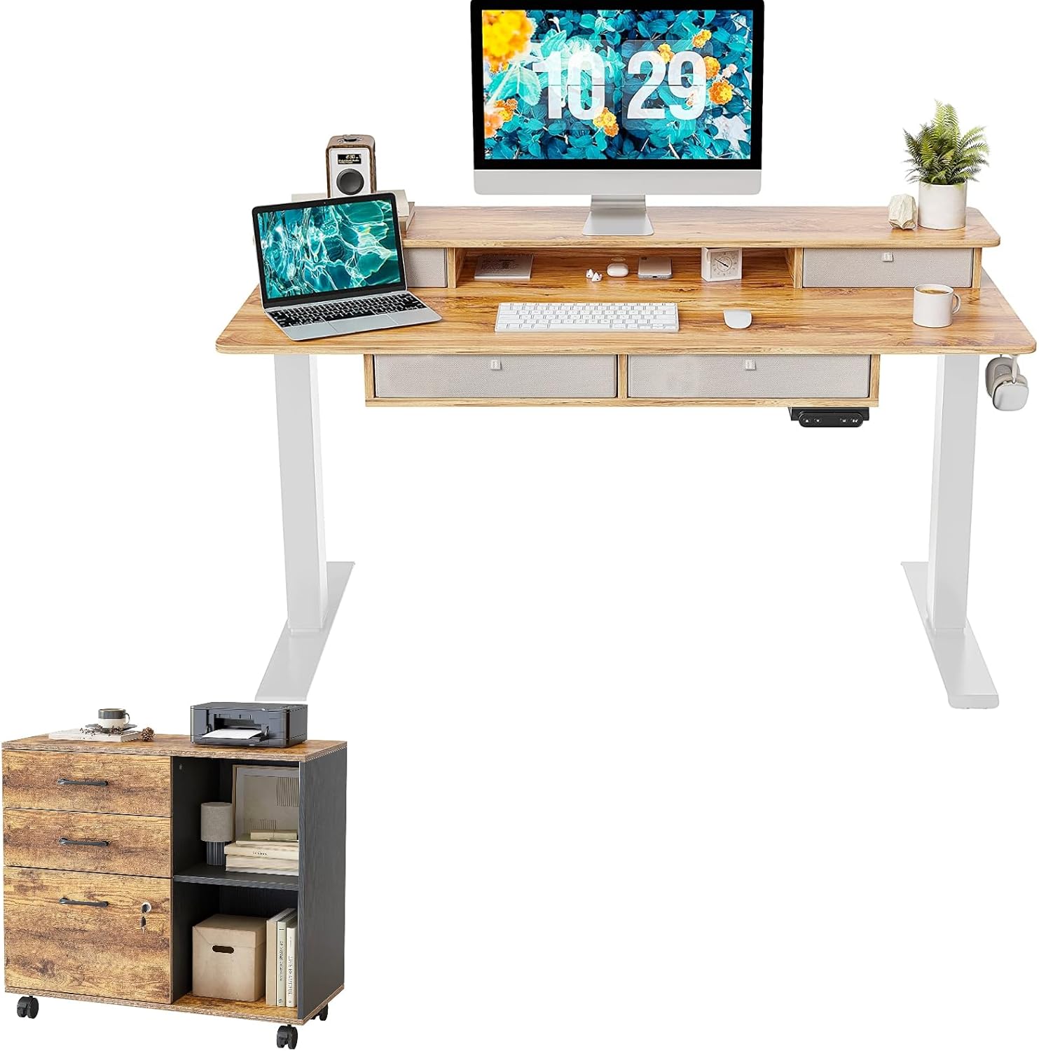 FEZIBO Height Adjustable Desk with 4 Drawers Storage and 3-Drawer Mobile File Cabinet