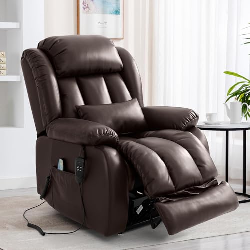 EDILLY Large Genuine Leather Power Lift Recliner Chairs for Elderly, Dual Motor with Massage and Heating,Double Lumbar Cushion and Extended Footrest