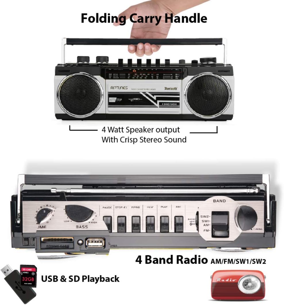 Riptunes Cassette Boombox, Retro Blueooth Boombox, Cassette Player and Recorder, AM/FM/ SW-1-SW2 Radio-4-Band Radio, USB, SD, Silver Pack of 2