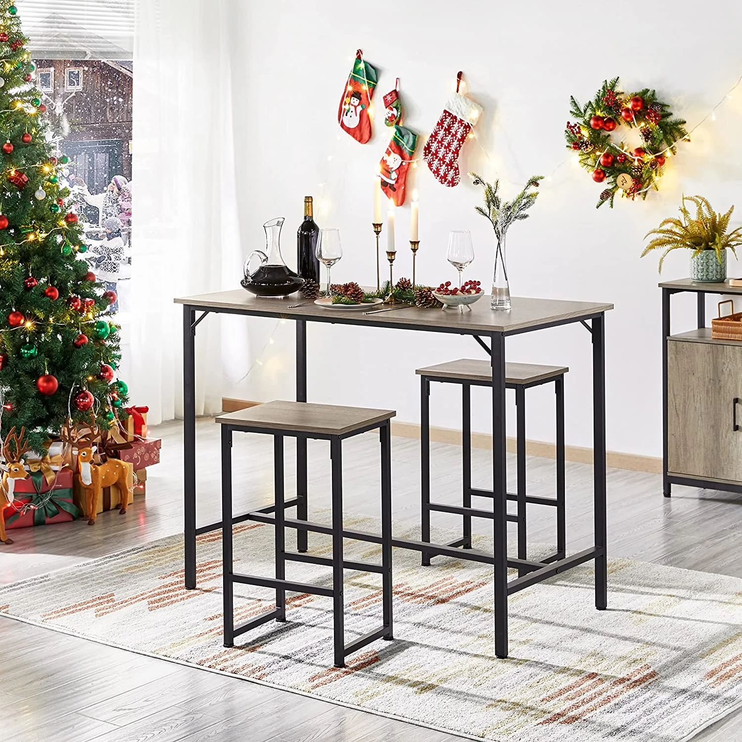 3 Piece Bar Table Set, 47.5” Industrial Counter Height Dining Table with Bar Stools Set of 2, Kitchen Breakfast Table and Chairs for Dining Room