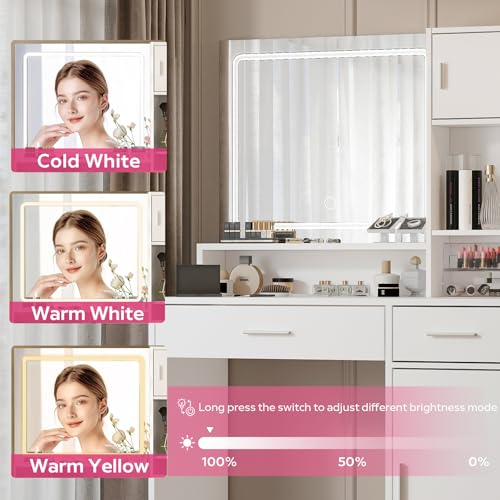 Vanity Desk with Mirror and Light, Large Drawer and Three Level Storage Dresser, 3 Lighting Modes Adjustable Brightness