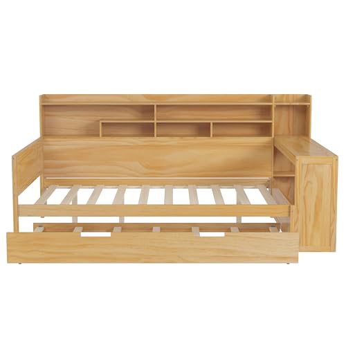 Corner Twin Bed Frame with Bookcase Storage and Desk, Wood Day Beds with 2 Drawers, Twin Size Daybed with Storage for Living Room