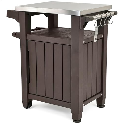 Keter Outdoor Rolling Table Cart for Food Prep, Storage, Bar & Grill, Dark Brown - Portable Kitchen Island Tabletop with Wheels for Drinks, Snacks