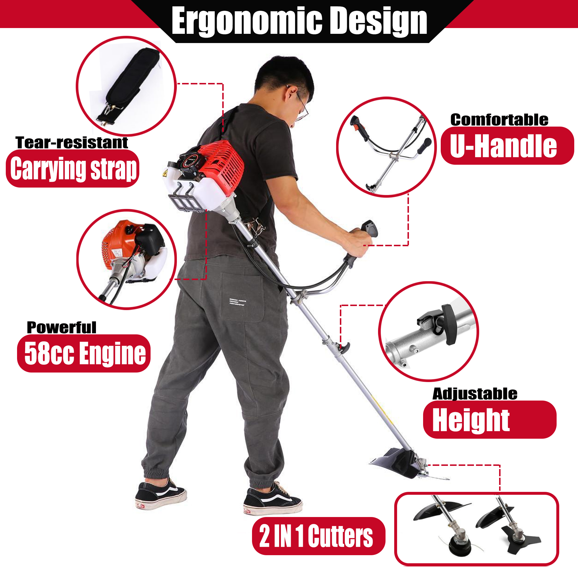 42.7cc Gas Weed Wacker, 2 in 1 Weed Eater 2-Cycle Gas Powered Grass Trimmer, Adjustable Straight Shaft Gasoline Powered Weed Eater