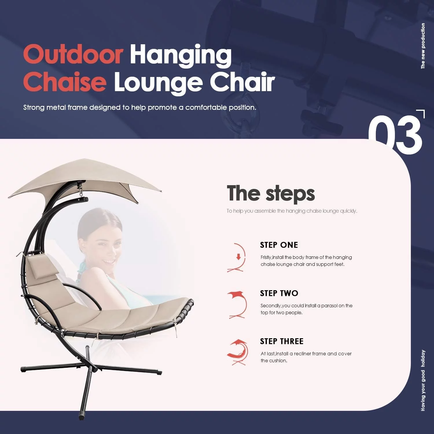 Lacoo Outdoor Hanging Curved Chaise Lounge Chair Patio Swinging Hammock W/ Pillow, Canopy & Stand for Backyard,Metal, Polyester Beige