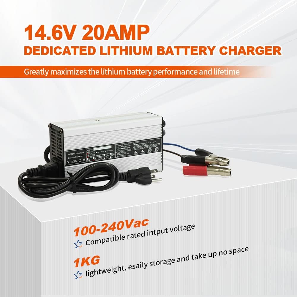 Ampere Time 12V 300Ah LiFePO4 Battery with 14.6V 20A Dedicated Lithium Battery Charger, Max 2560W Power Output, Built-in 200A BMS, 4000+ Cycles