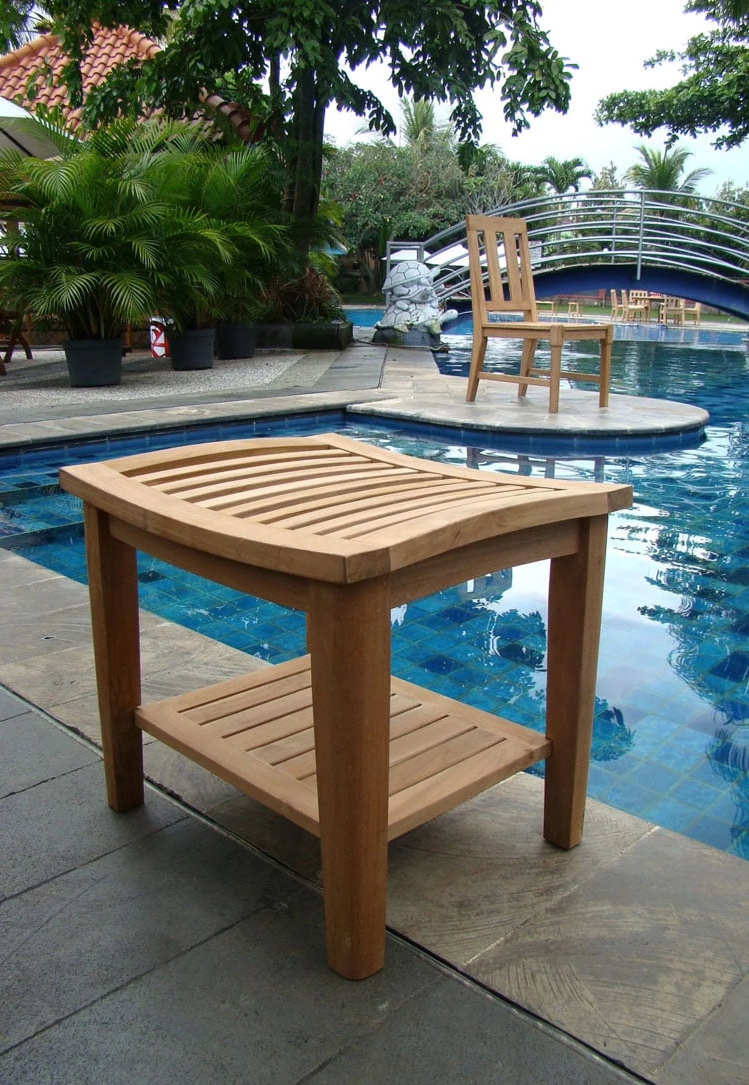 WholesaleTeak Outdoor Patio Grade-A Teak Wood Shower / Bath Room / Pool / Spa Stool Bench with Shelf #WMAXTSWS