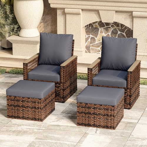 MELLCOM 4 Pieces Patio Furniture Set, Outdoor Wicker Chairs with Ottomans