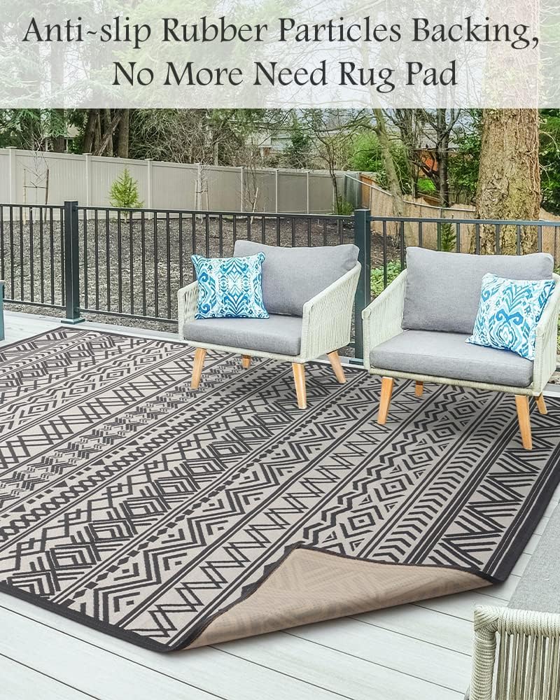 MontVoo-5 x 8 Outdoor Rug Carpet Non Slip Machine Washable Area Rugs Boho Outdoor Patio Decor Black and White Outdoor Rug Geometric Rubber Backed