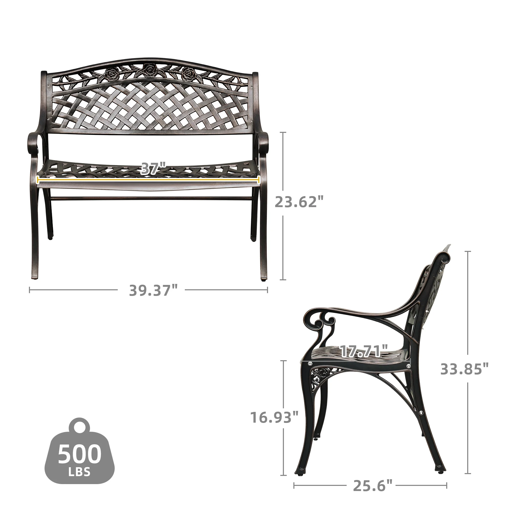 DWVO 39.4" Patio Garden Bench, Anti- Rust Cast Iron Cast Aluminum Frame for Outdoor Garden, Balcony, Backyard, Entryway, Hammered Bronze
