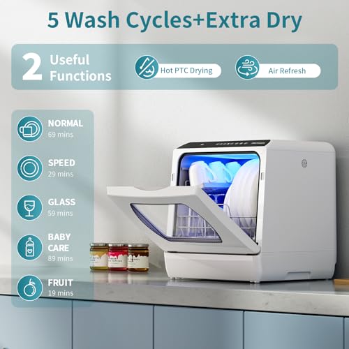 AIRMSEN AE-TDQR03 Portable Countertop Dishwasher, Compact Mini Dish Washer with 5-Liter Built-in Water Tank and Air-Dry Function, 5 Washing Programs