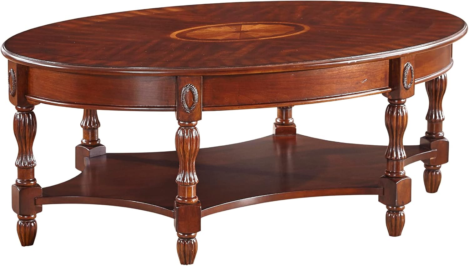 MODERION Solid Wood Coffee Table, Traditional Oval Cocktail Table with Storage Shelf, Carvings Side Elegant Vintage Sofa Table for Living Room