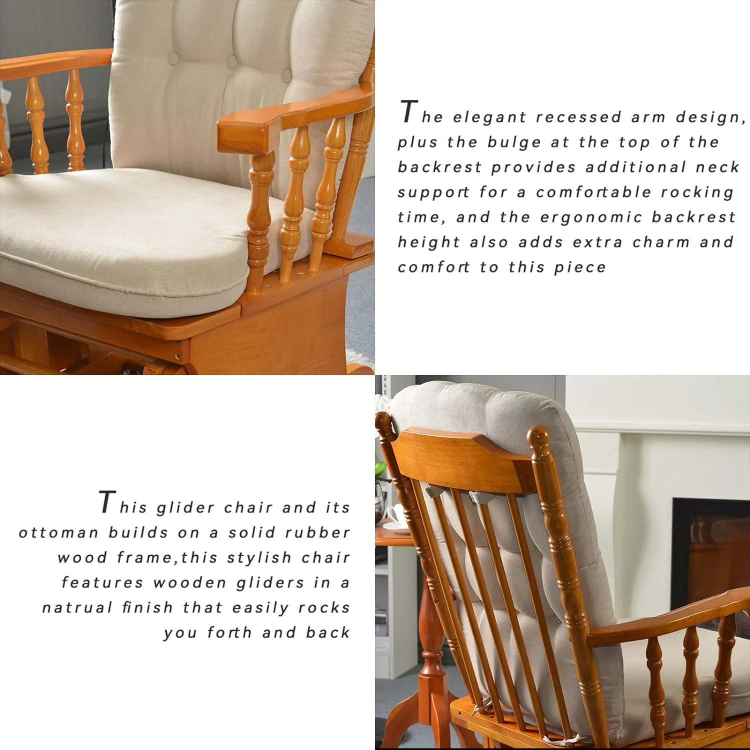 Rustic Glider Chair for Nursery with Ottoman, Resistant Rubber Wood Nursery Glider and Ottoman Sets for Relaxing