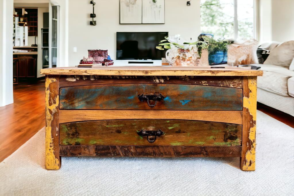 Sundara Furnishings Handcrafted Solid Reclaimed Wood Coffee Table with Two Drawers and Hidden Trunk Storage Rustic Square Center Table for Living