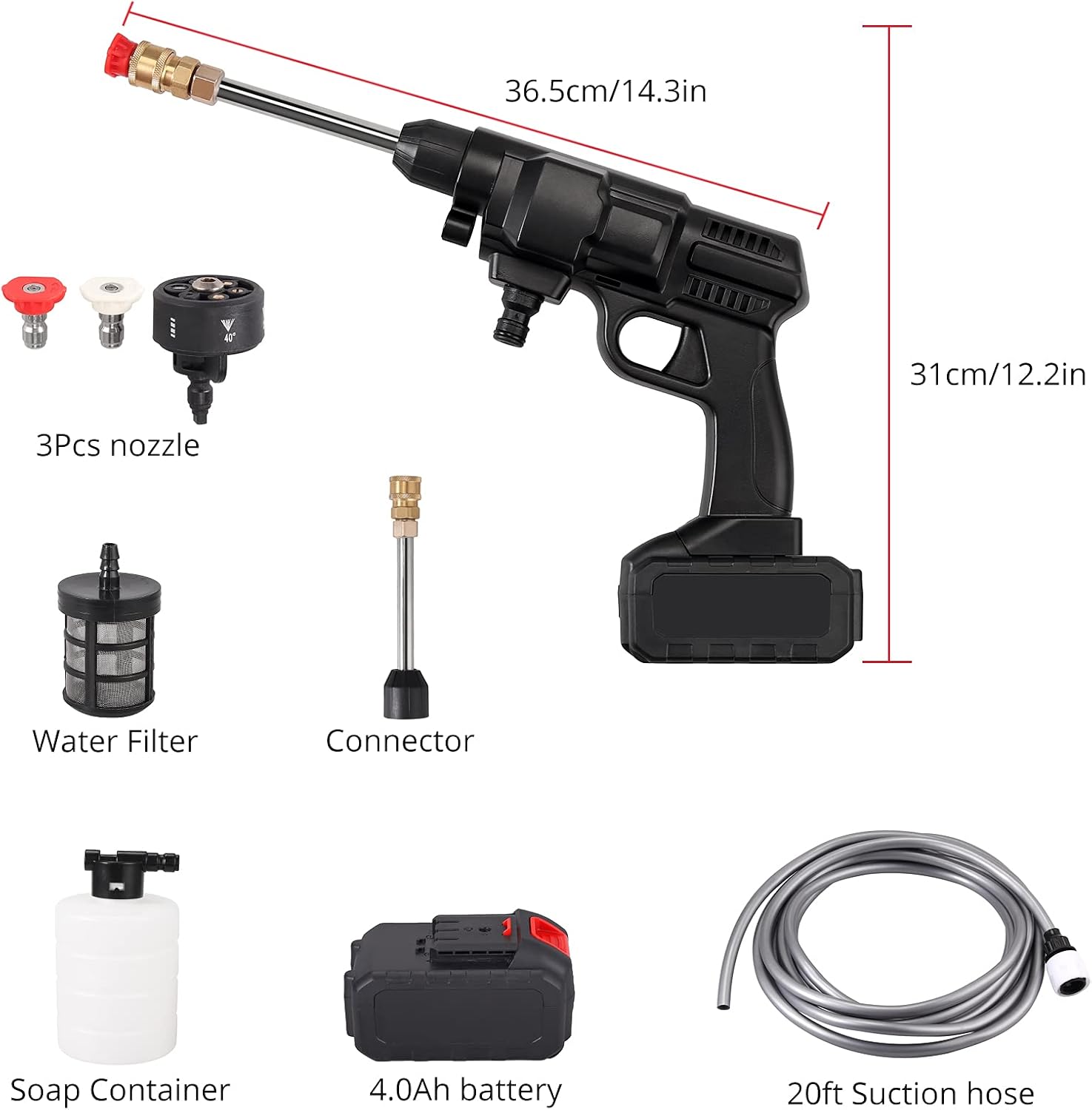 JUSTOOL Cordless Pressure Washer Power Washer 20V 4.0Ah Batteries Powered Cleaner 450 PSI Pressure Jet Cleaner 6 in 1 Adjustable Nozzle with Cleaning