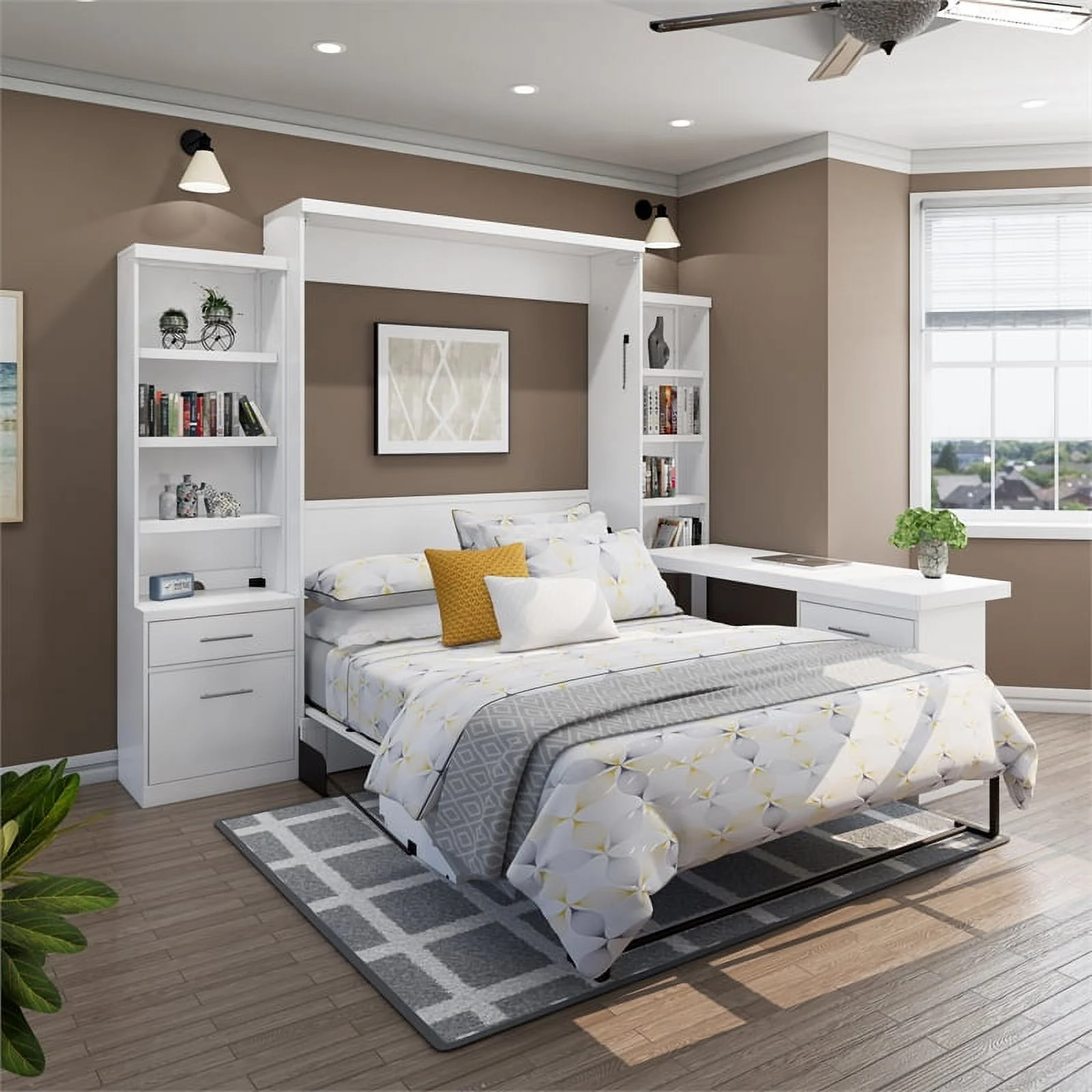 RoomAndLoft Queen Wood Murphy Wall Desk Bed & 2 Shelf Storage Units in White