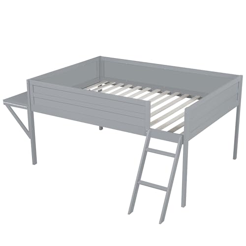 Modern Full Size Gaming Loft Bed with Built-in Desk and Storage Wardrobe, Wood Loft Bed Frame with Light Strip and 2 Drawers