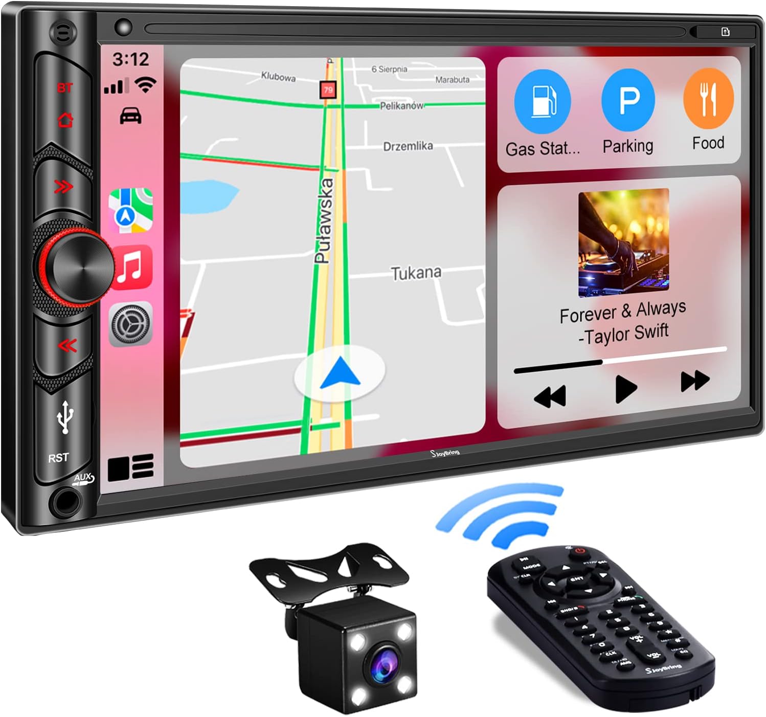 Double DIN CarPlay Multimedia Player, 7" HD Capacitive Touchscreen, Car Stereo with Backup Camera, Bluetooth, 16-Band EQ, Steering Wheel Controls