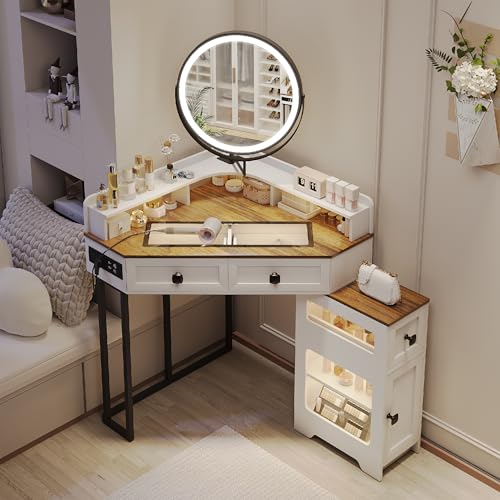 Corner Vanity Desk with Mirror and Lights, Modern Makeup Vanity with Charging Station & Human Sensor Light