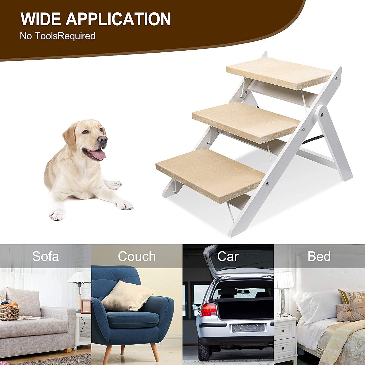 Niubya Wooden Foldable Dog Stairs, Portable 2-in-1 Pet Ramp for Small to Large Dogs and Cats, Nonslip 3-Step Dog Steps for High Beds, Couch and Cars