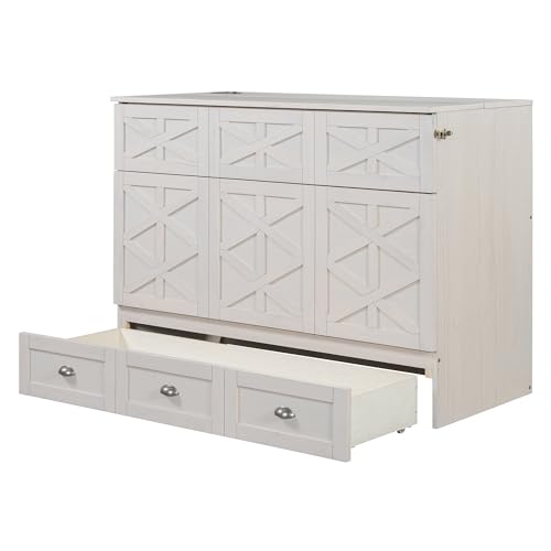 Merax Full Size Murphy Bed, Wooden Full Murphy Cabinet Bed Frame with Large Drawers and USB Ports, Brushed White