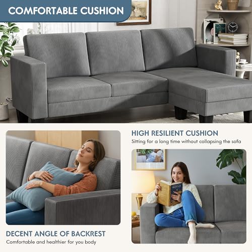 YESHOMY L-Shaped Convertible Sectional Sofa 3 Seater with Corduroy Fabric, Complete with Mobile Footrest, for Living Room, Apartment and Office, 70"