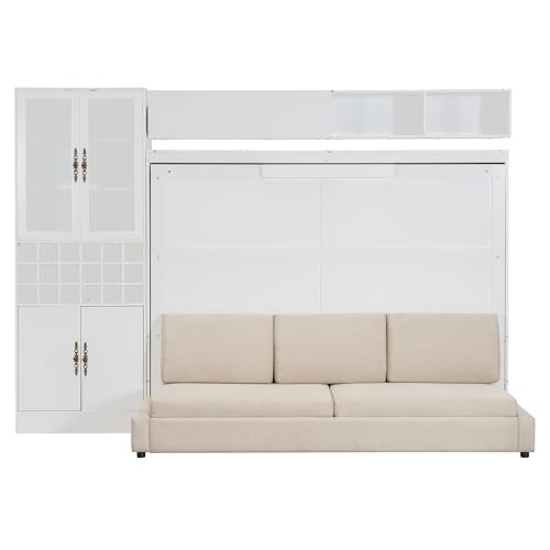 MERITLINE Queen Murphy Bed with Couch and Storage Shelves,Charging Station& LED Light