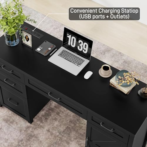 Farmhouse 61'' Executive Desk with 5 Drawers, Rustic Office Desk Computer Desk with Charging Station, File Drawers and Storage Cabinet