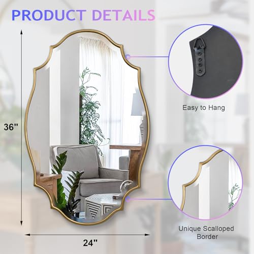 Scalloped Oval Wall Mirror, 24“X36” Gold Bathroom Vanity Mirror, Ornate Decorative Mirror for Living Room, Washroom, Bedroom