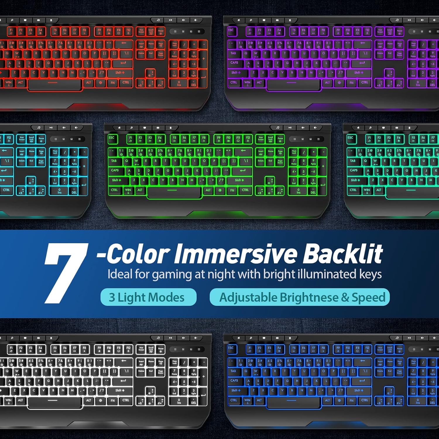 Gaming Keyboard, Qwecfly Wireless Gaming Keyboard, Rechargeable Backlit Keyboard, Wireless Wired Dual-Mode Quiet Keyboard with Ergonomic Wrist Rest