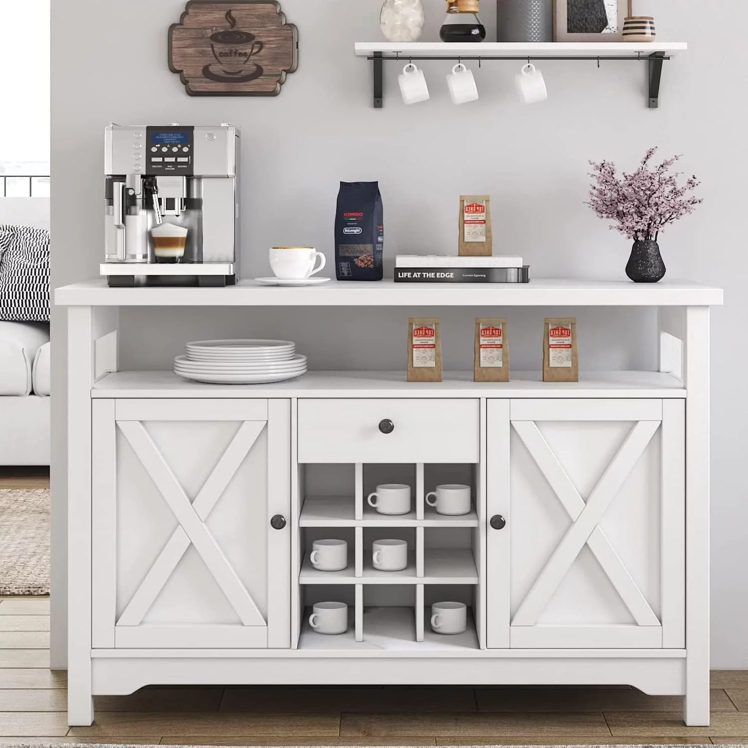 Farmhouse Coffee Bar Cabinet with Storage, White Coffee Bar with 9 Wine Racks Barn Door, Kitchen Buffet Cabinet with Drawer