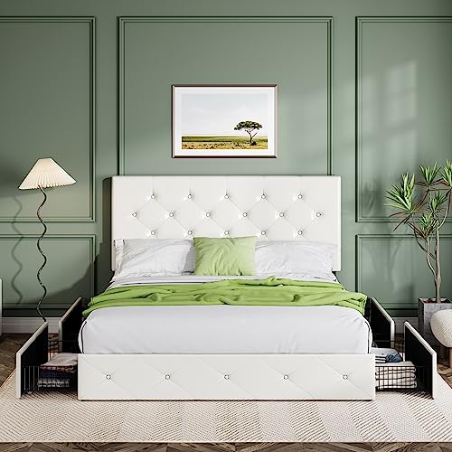 Allewie Upholstered Queen Size Platform Bed Frame with 4 Storage Drawers and Headboard, Square Stitched Button Tufted