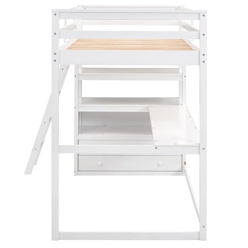 Harper & Bright Designs Twin Size Loft Bed with Wardrobe, Desk and Multiple Storage Shelves, Solid Wood Loft Bed Frame with Bookshelf
