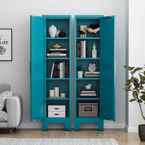Tall Bathroom Cabinet,Narrow Metal Storage Cabinet with 5 Adjustable Shelves and Single Barn Door,Slim Pantry Storage Organizer for Bathroom,Kitchen