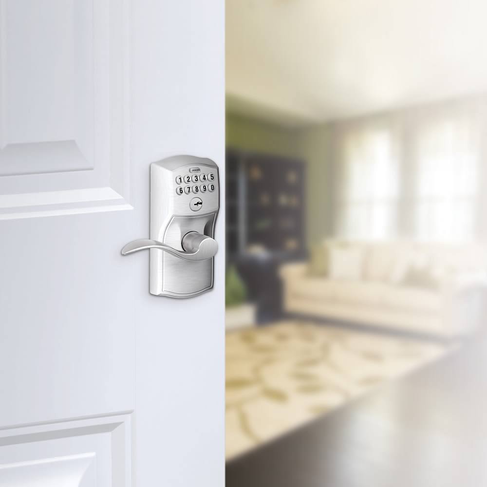 Schlage FE595 CAM/ACC Camelot Keypad Flex-Lock Entry Leverset with Accent Lever Satin Chrome