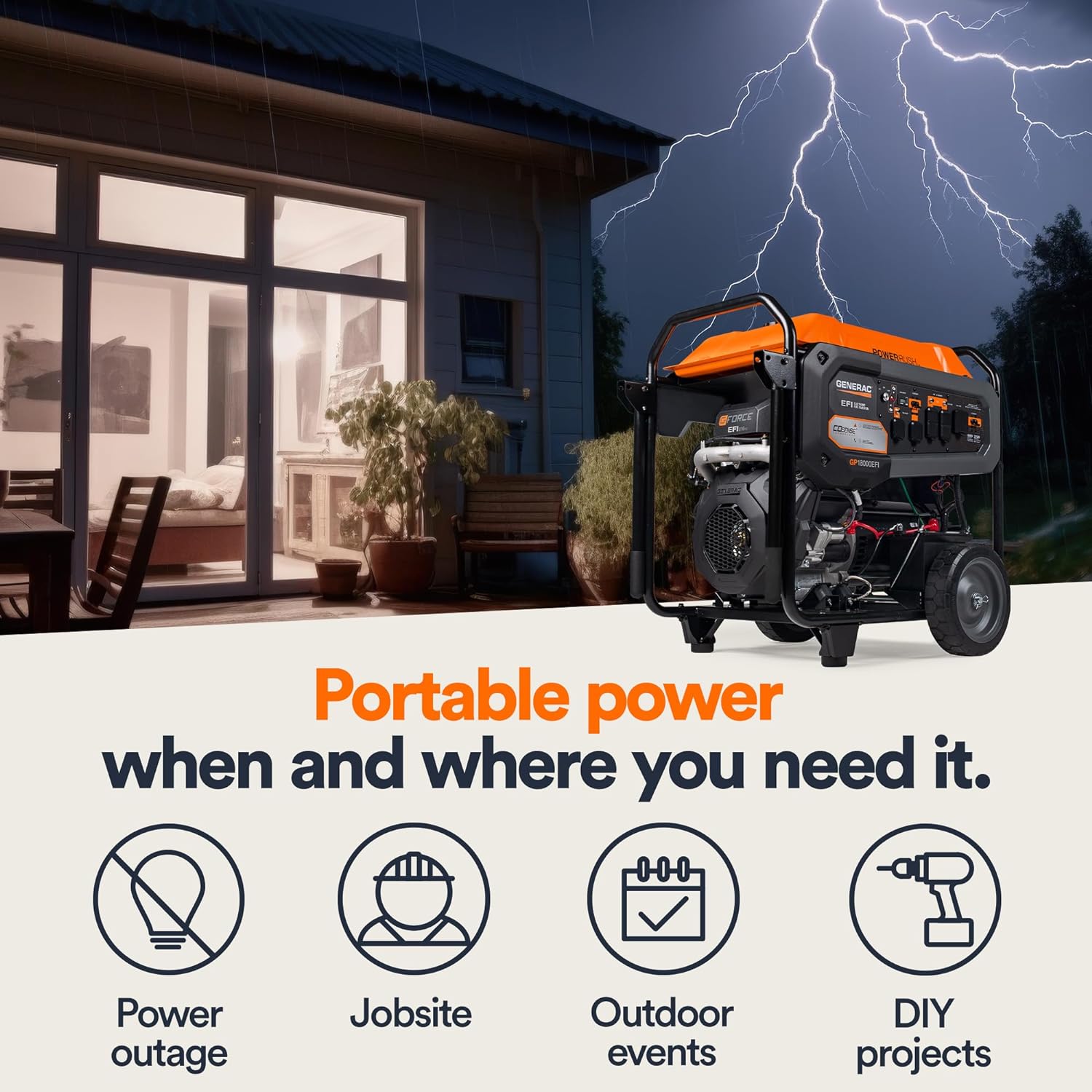 Generac 7706 GP18000EFI 18,000-Watt Gas-Powered Electric-Start Portable Generator with Cosense & EFI Engine, Transfer Switch Compatible