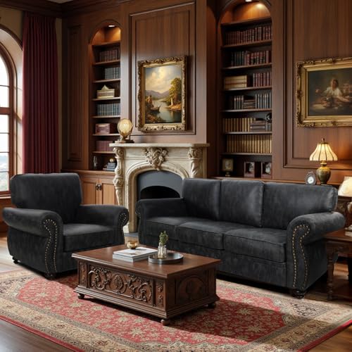 Mid-Century Vintage Sofa Couches with Rivet Design,3-Seater Sofa,Removable Sofa Cover Upholstered Cushions and Solid Wood Frame (Brown, 3-Seater)