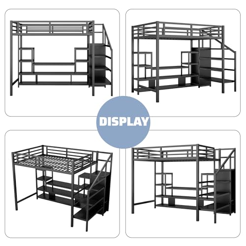 Queen Loft Bed with L-Shaped Desk and Stairs,Metal Queen Size LoftBed with Wardrobe and Adjustable Shelf, Gaming Bed with LED and USB
